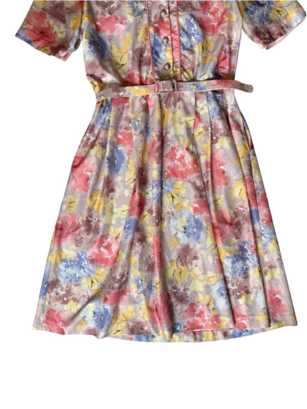 D’Allaird’s Vintage Pastel Floral Belted Midi Dress in Pink, Lavender Size L - Picture 9 of 11